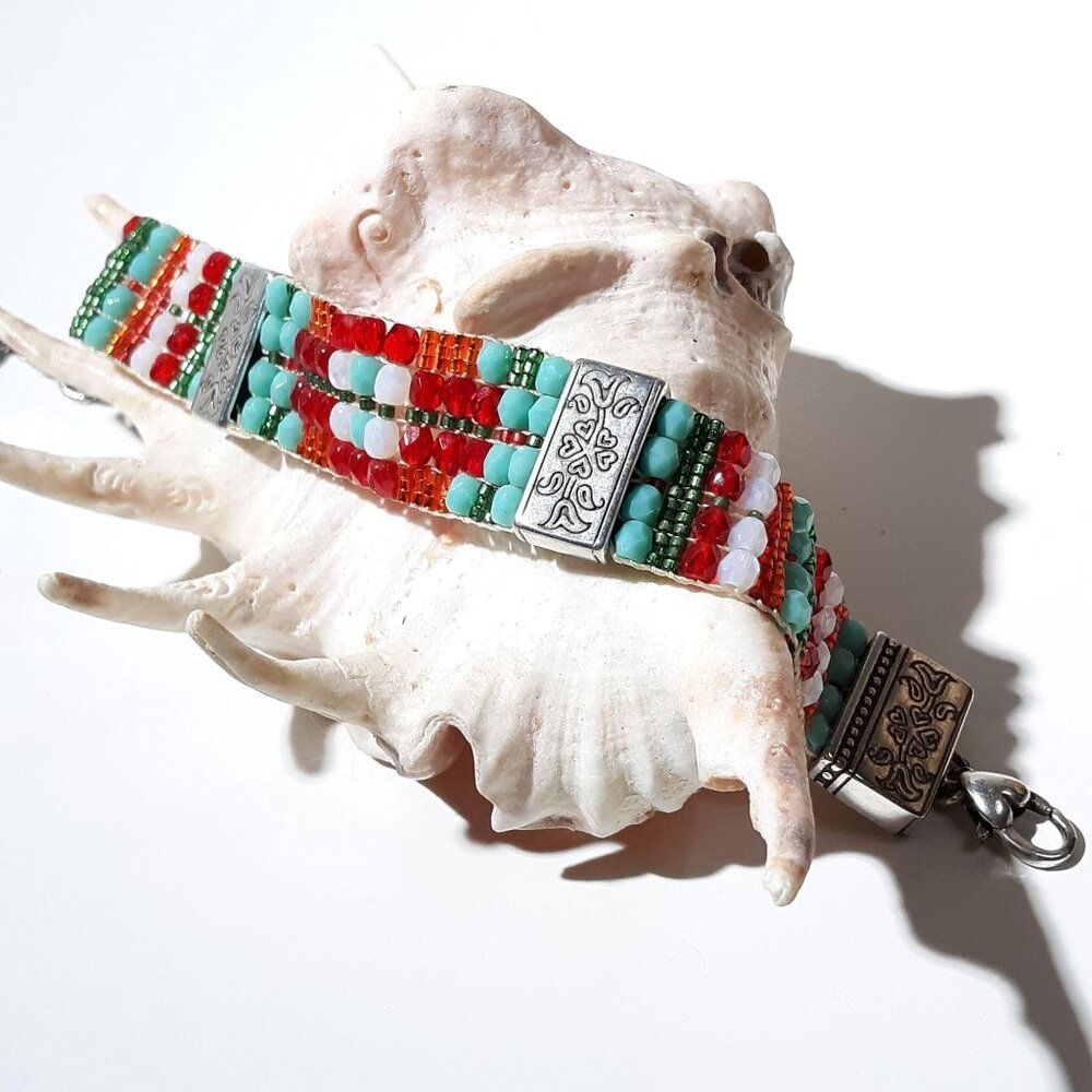Tribal Bead Bracelet Silvertone Turquoise Red Blue Glass Lobster Clasp 8"